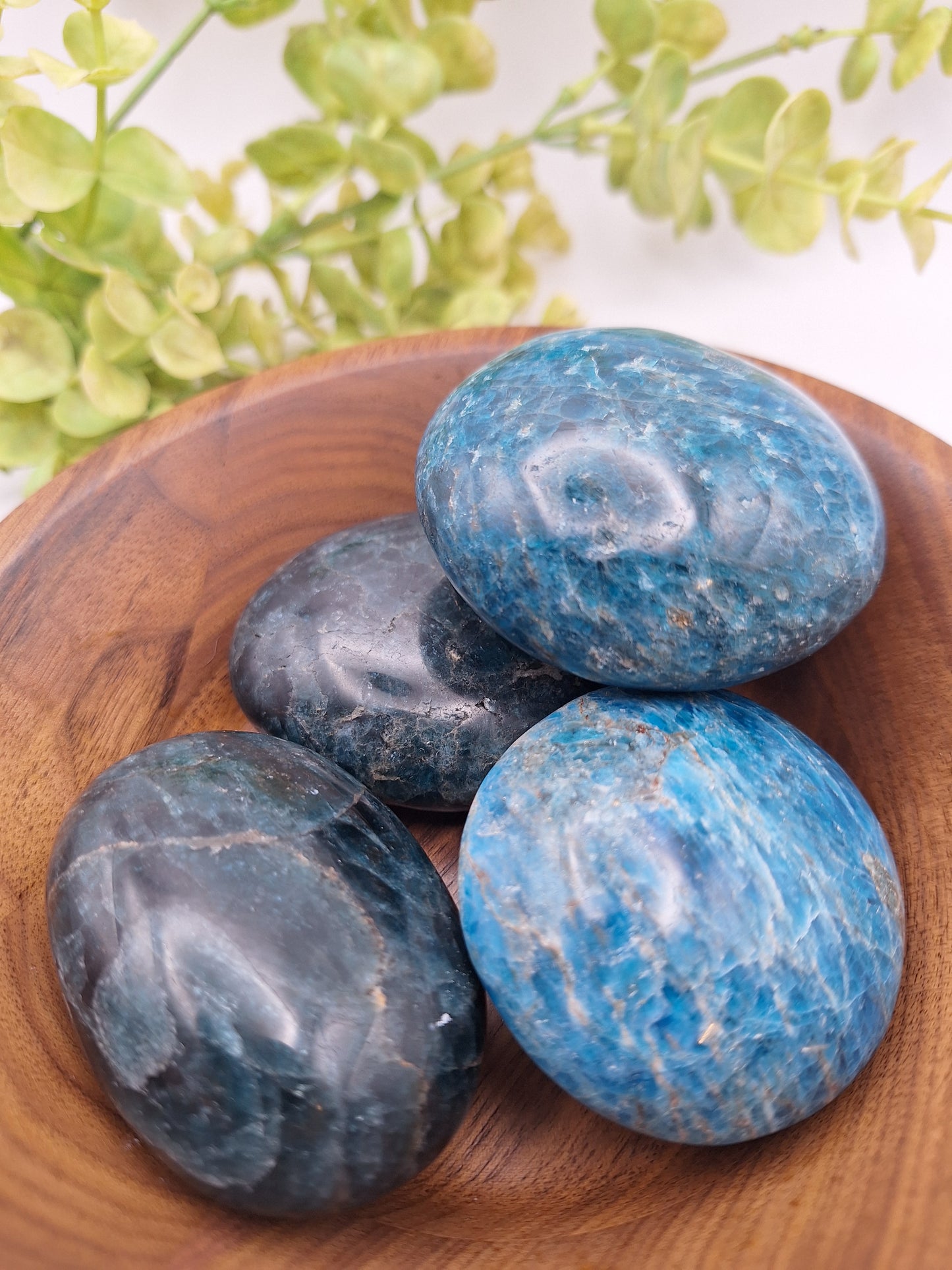 Blue apatite polished palm stones displaying vibrant blue hues