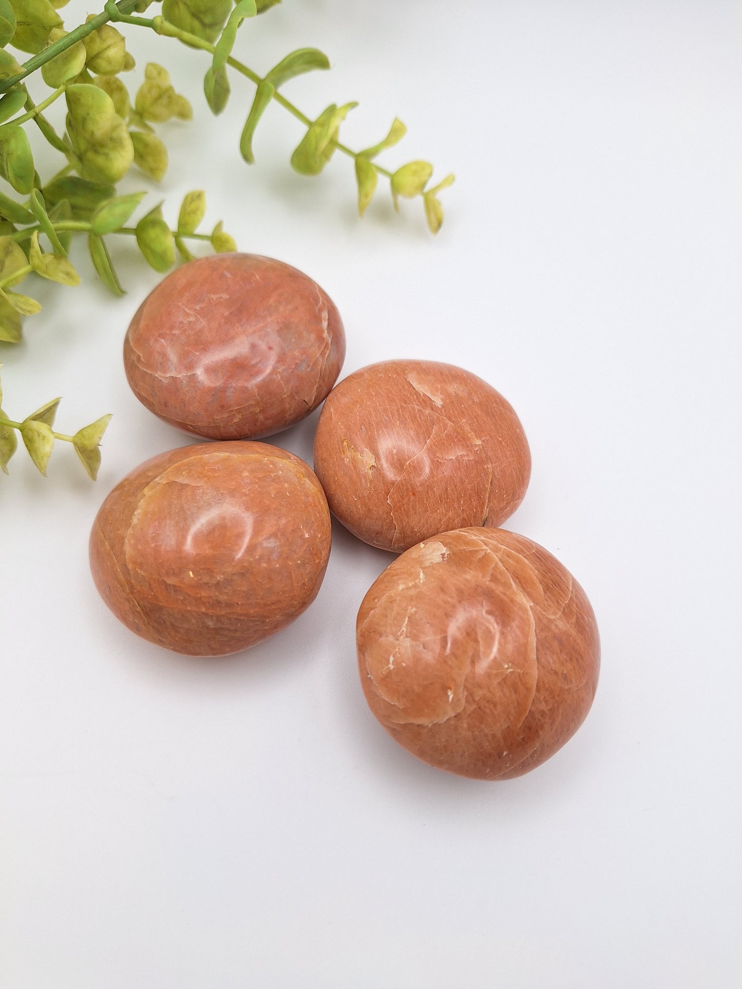 A group of four Peach Moonstone palm stones with warm peach and cream hues, polished smooth for meditation and energy work.