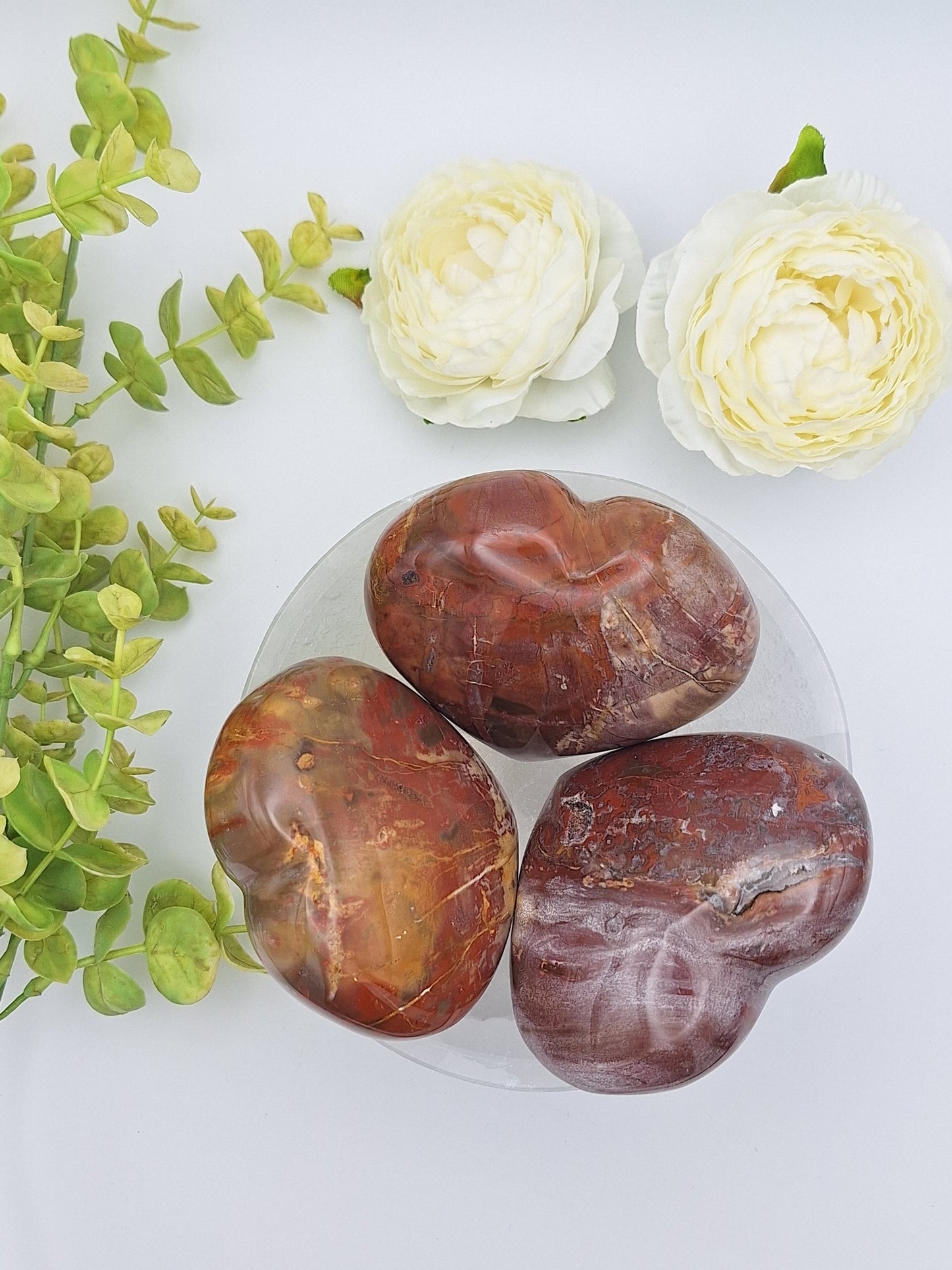 Three large Petrified Wood polished hearts nestled in a selenite bowl, showcasing their smooth finish and natural variations.