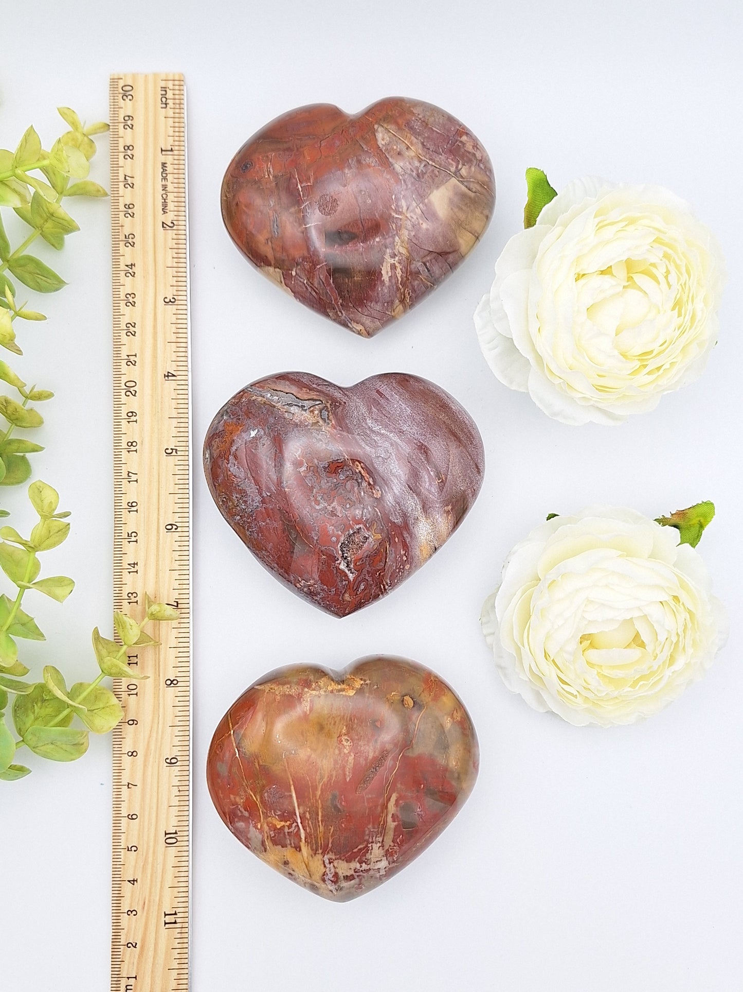 Three large Petrified Wood polished hearts lined up along a ruler for size reference, highlighting their 3.5-inch width and fossilized details.