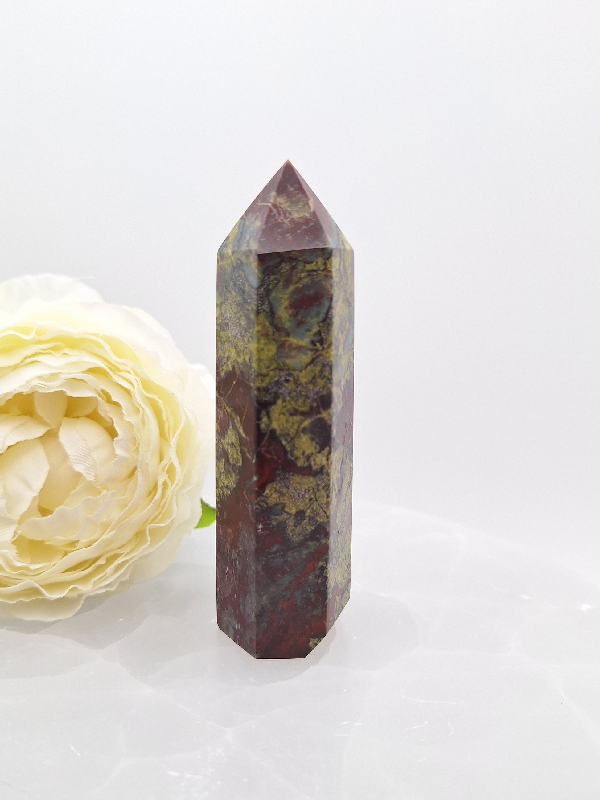 A single Dragon Bloodstone crystal point standing upright, highlighting its rich green and red coloration. Ideal for directing energy, meditation, and spiritual strength.